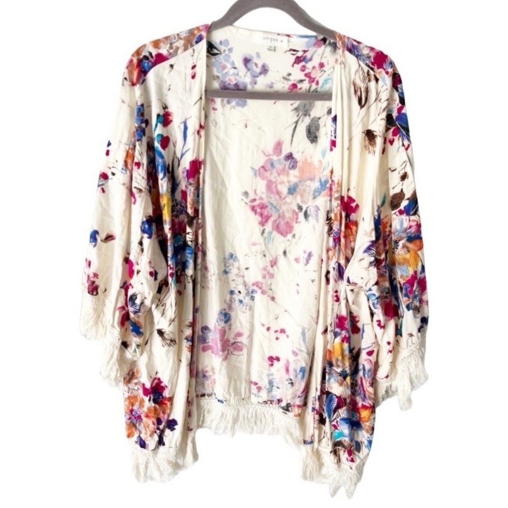 Umgee Bohemian Western Floral Kimono Fringe Trim Cream Size 1X Boho Southwestern